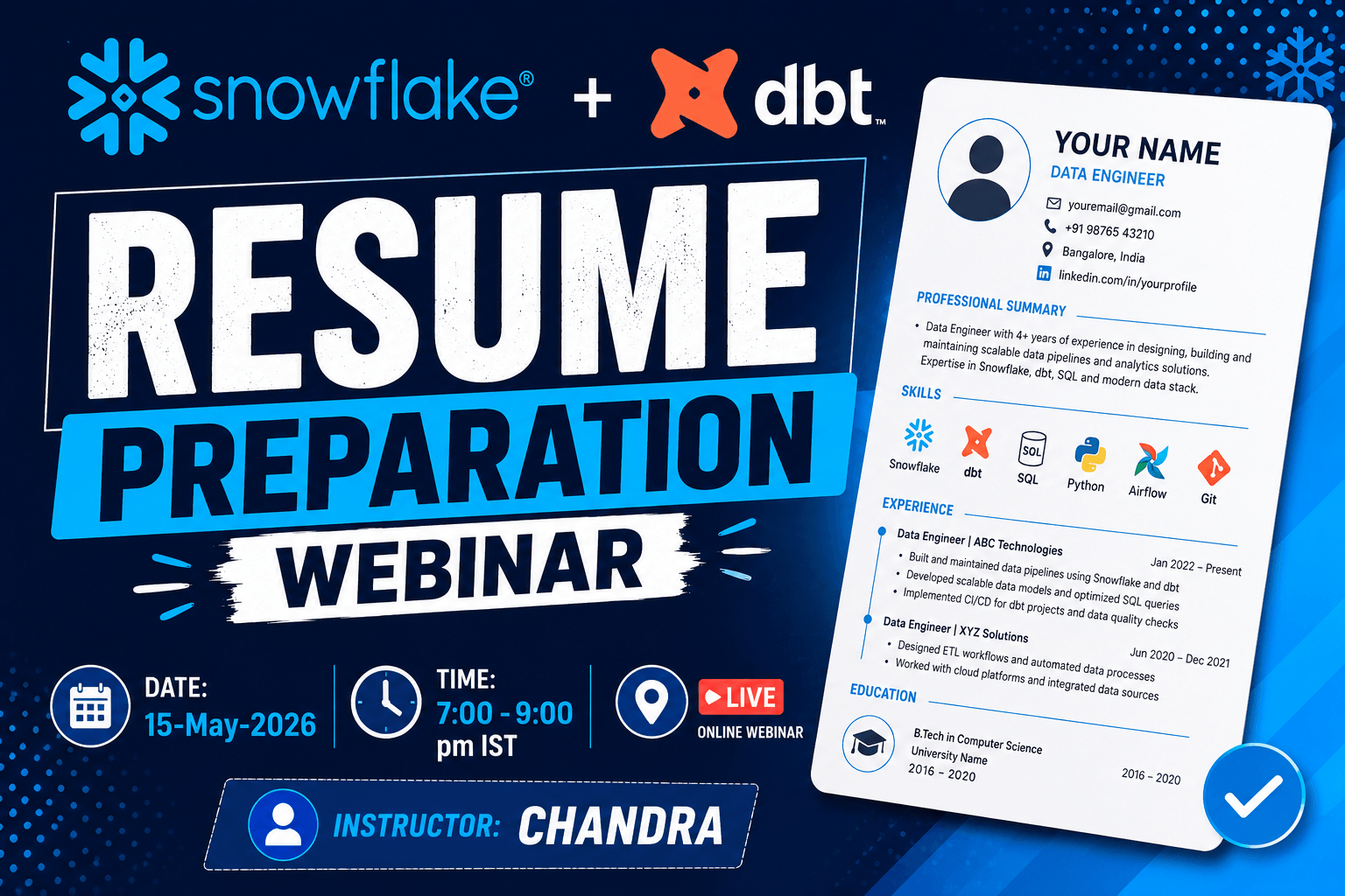 Snowflake Resume Example Snowflake + DBT Resume preparation – 15-May-2026 – NiC IT Academy