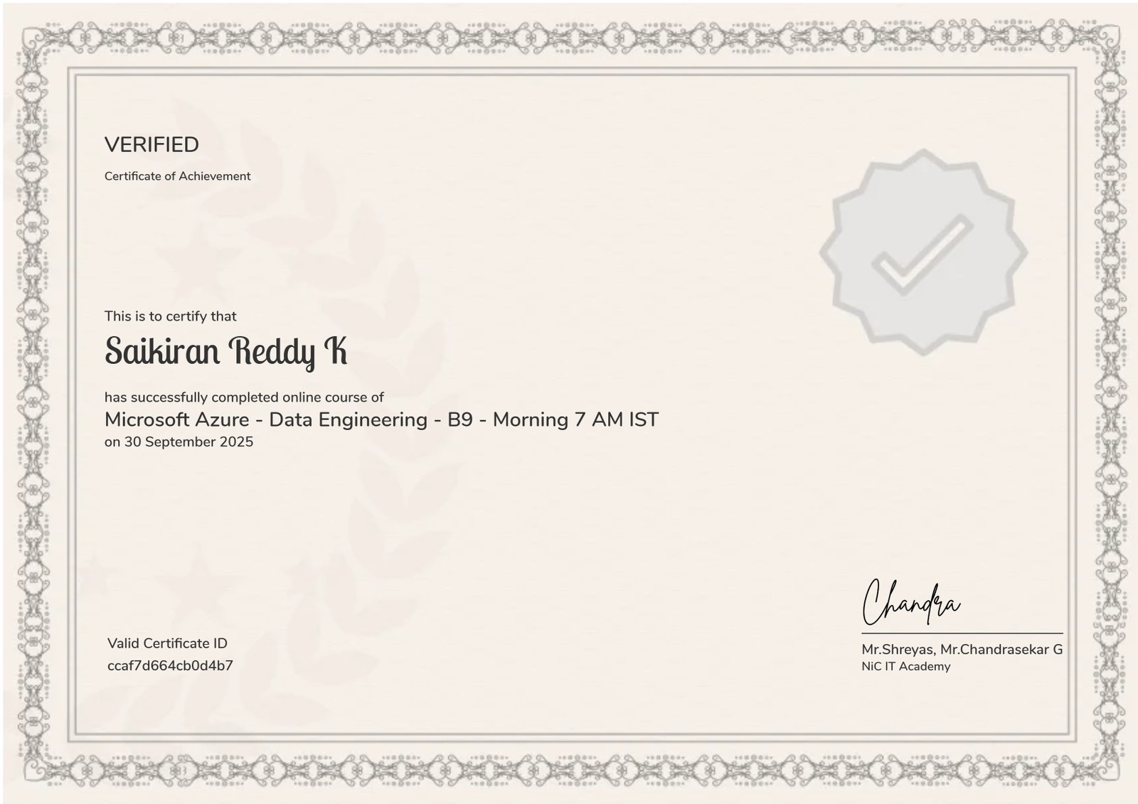 Microsoft Azure - Data Engineering - B9 - Morning 7 AM IST